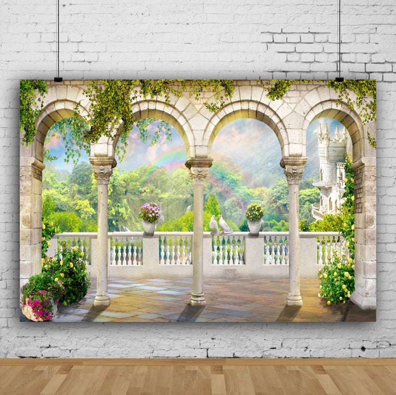 DORCEV 9x6ft Garden Arched Door Wedding Photography Backdrop Gorgeous Bridal Shower Engaged Theme Party Beautiful Building Rainbow Green Plants Backdrop Lover Adult Wedding Photo Shoot Prop Wallpaper - Image 2
